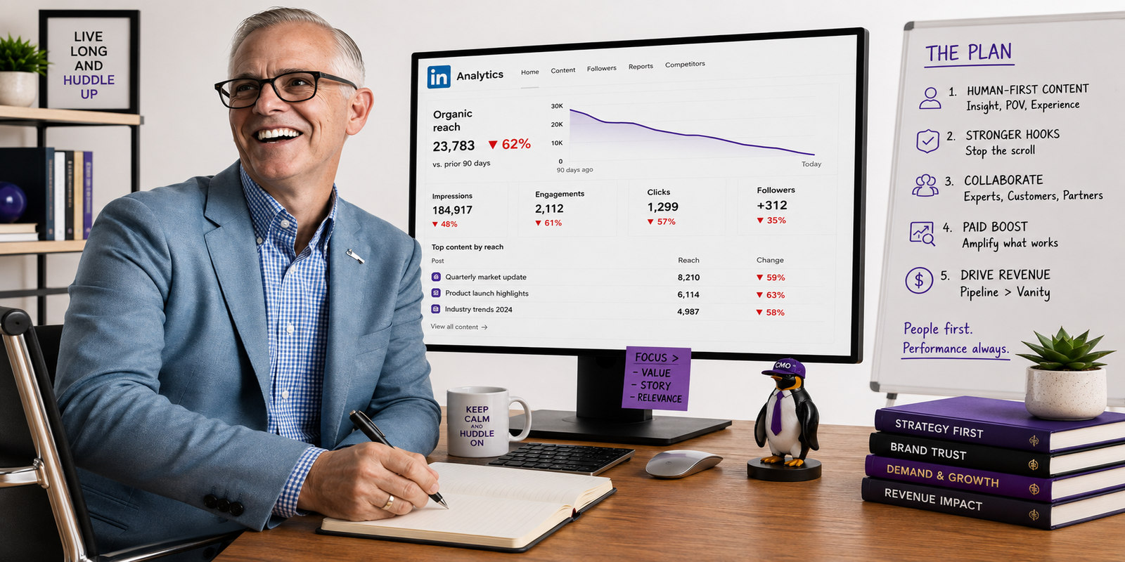 A CMO penguin leads a strategic advisory table representing the leadership skills modern CMOs need most.