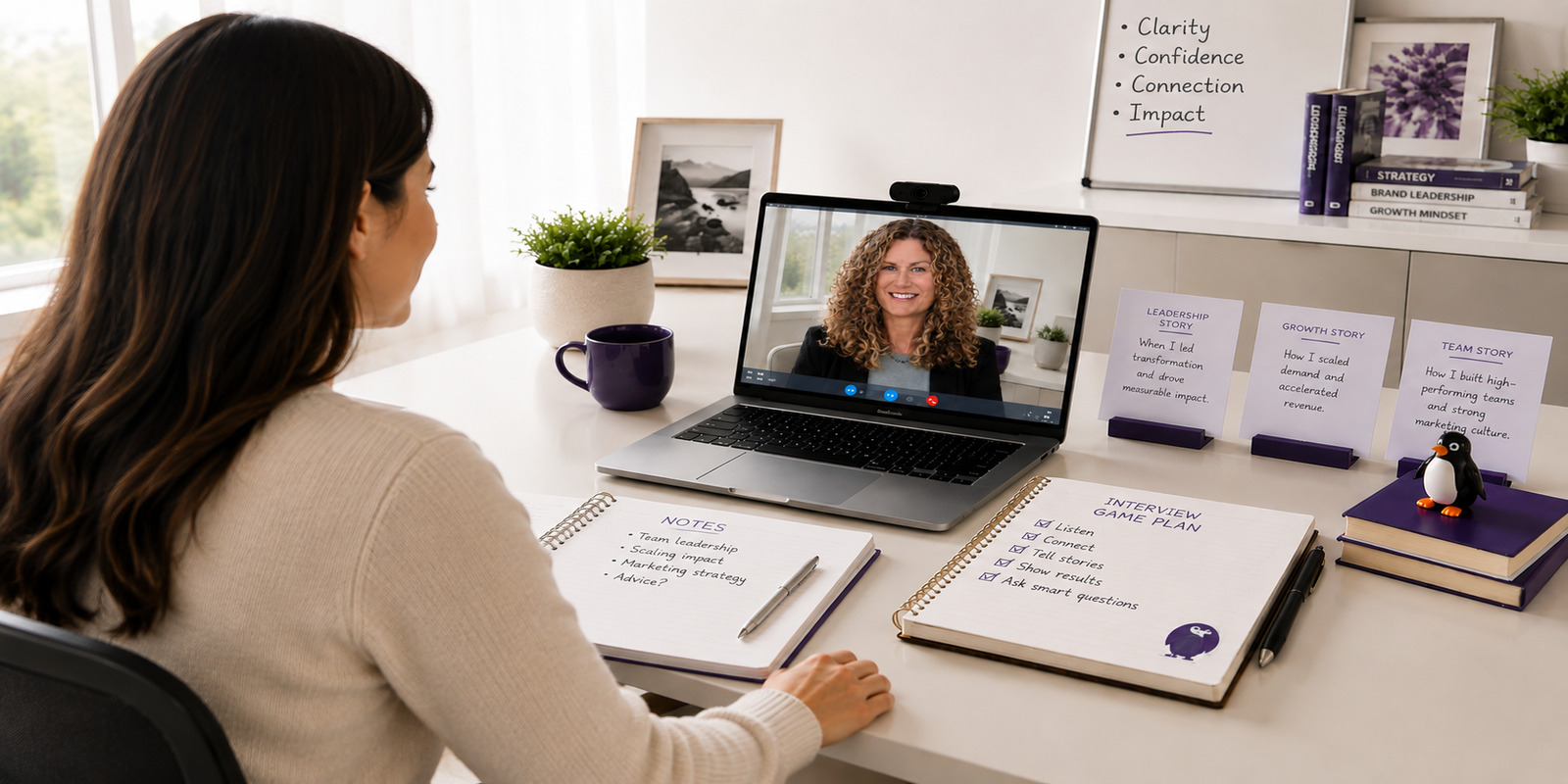 Dalena Bradley preparing for a video interview with concise notes, CMO Huddles purple accents, and a small penguin detail.