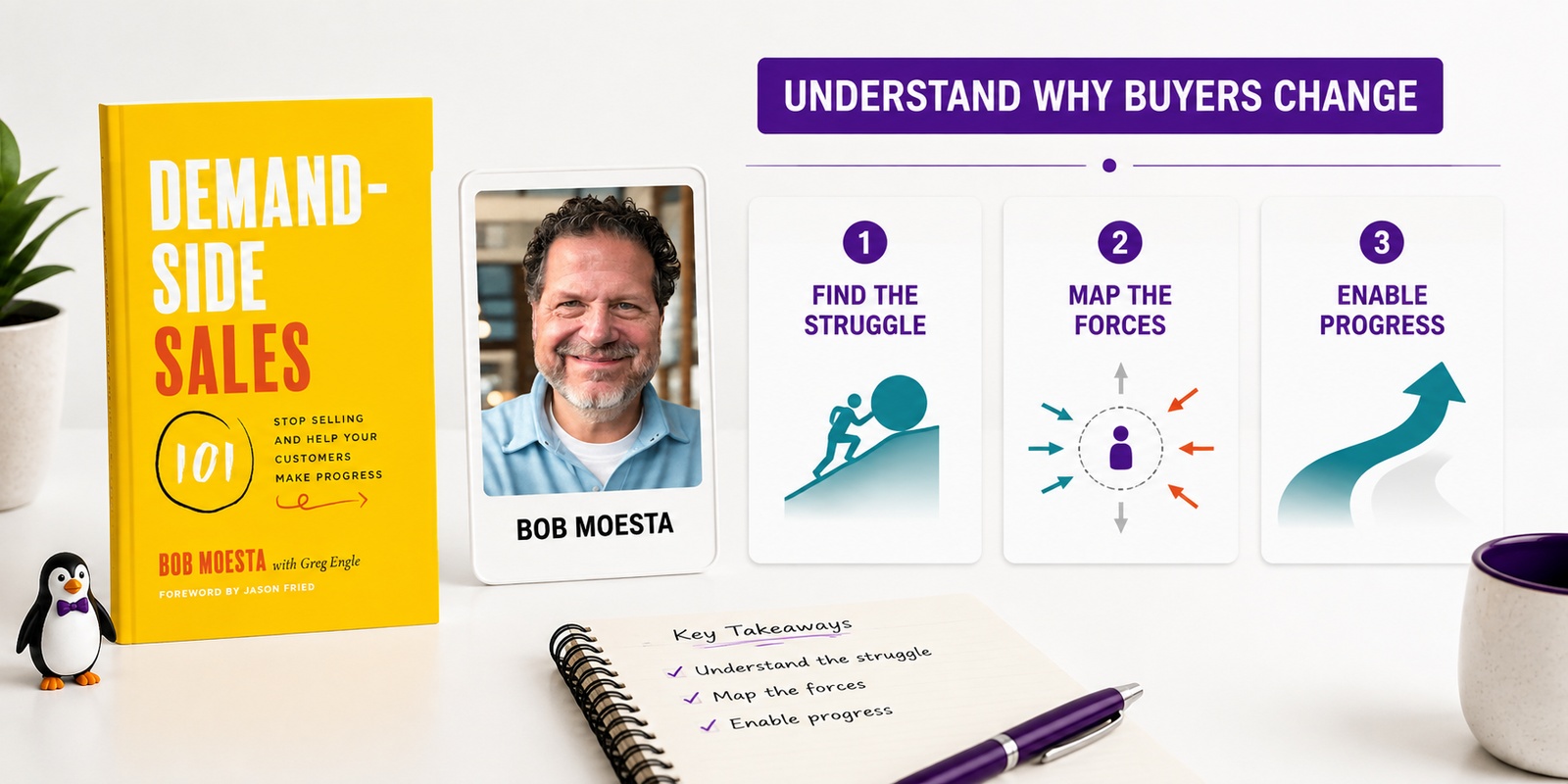 Demand-Side Sales 101 book and Bob Moesta beside three lessons about buyer struggles, decision forces, and progress.