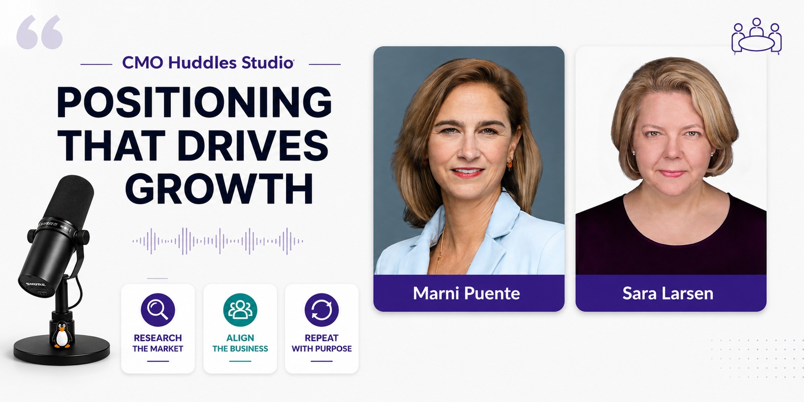 Marni Puente and Sara Larsen in a CMO Huddles Studio design with three positioning growth lessons.