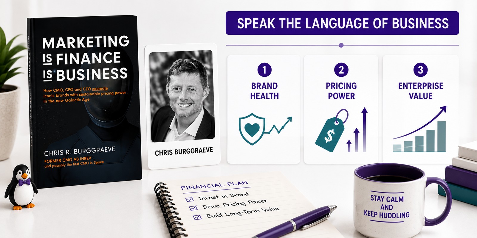 Marketing IS Finance IS Business book and Chris Burggraeve beside three lessons connecting brand health, pricing power, and enterprise value.