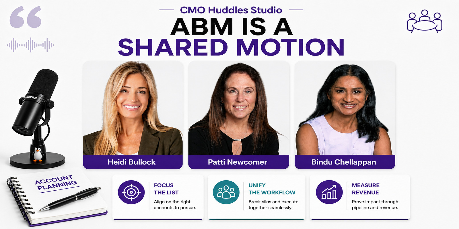 Heidi Bullock, Patti Newcomer, and Bindu Chellappan with three lessons for building a focused ABM growth motion.