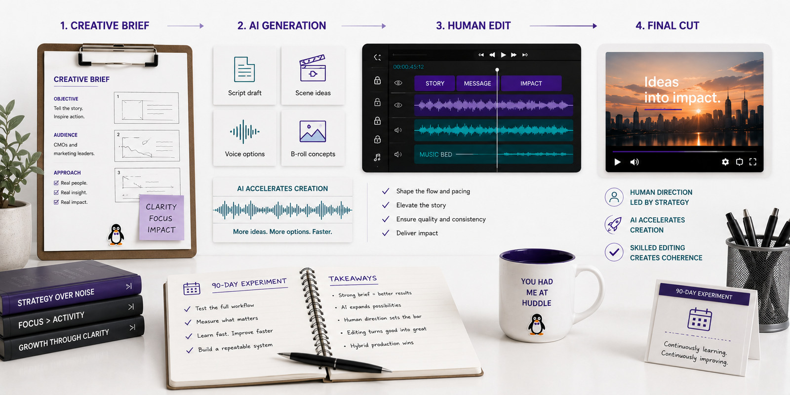 GenAI video workflow showing how a strong creative brief, AI-assisted creation, and skilled human editing produce a polished final cut.