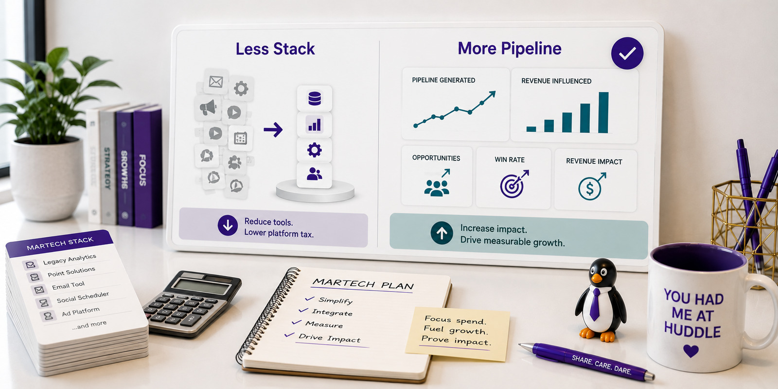 Executive strategy desk showing AI Speed versus Business Proof dashboard with win rate, retention, cost clarity, and a small penguin detail.