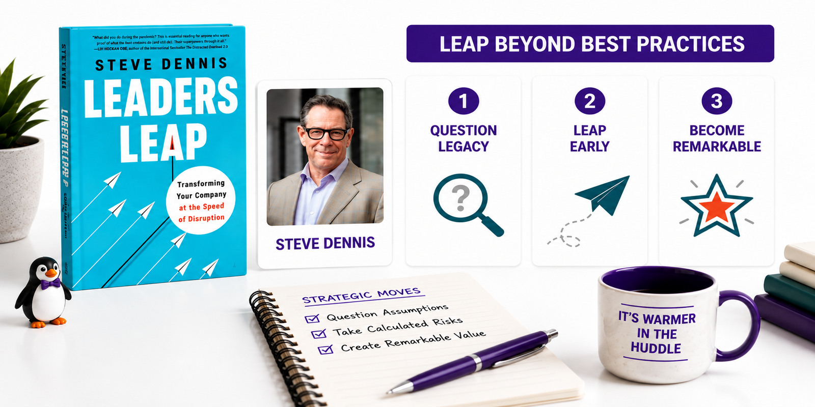 Leaders Leap beside a strategy board showing a shift from an outdated playbook to remarkable growth.