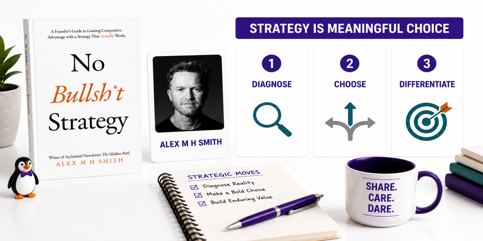 No Bullsh*t Strategy beside a board narrowing multiple options into one distinctive strategic choice.