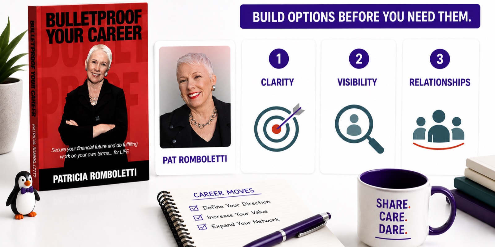 Bulletproof Your Career book beside a career blueprint connecting expertise, relationships, visibility, and opportunity.