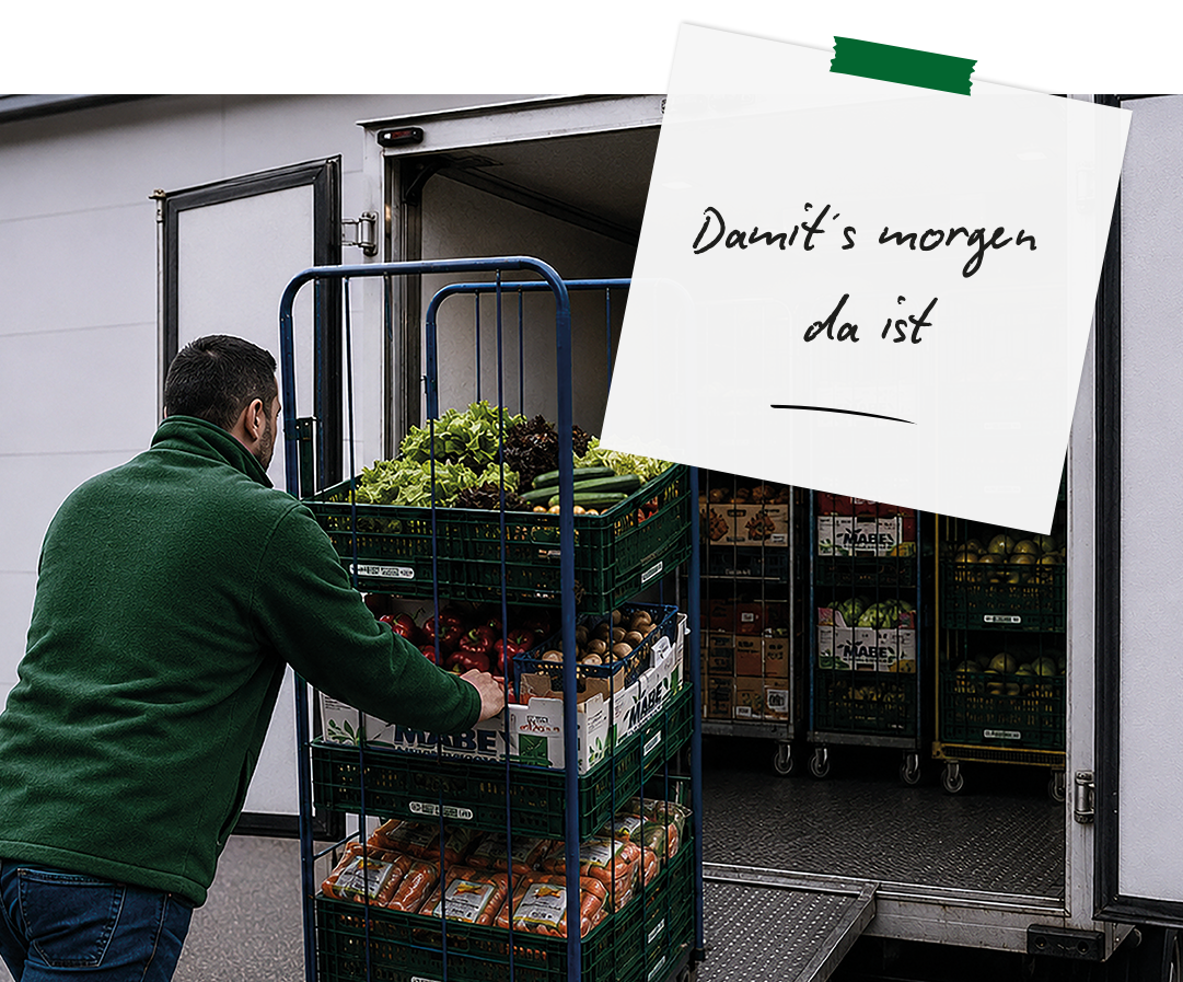 Lieferfahrer belädt Kühlfahrzeug mit frischem Obst und Gemüse – DER VOLLRATH, Lieferservice für Handel und Gastronomie.