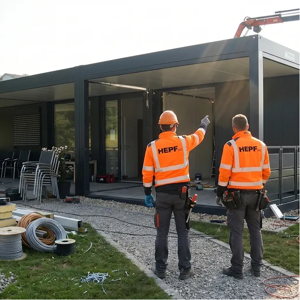 Builders and site managers assembling a container home