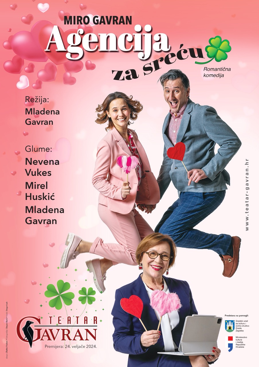 Plakat za romantičnu komediju 'Agencija za sreću' Miro Gavran s glumcima u skoku i nasmiješenom ženom s laptopom.