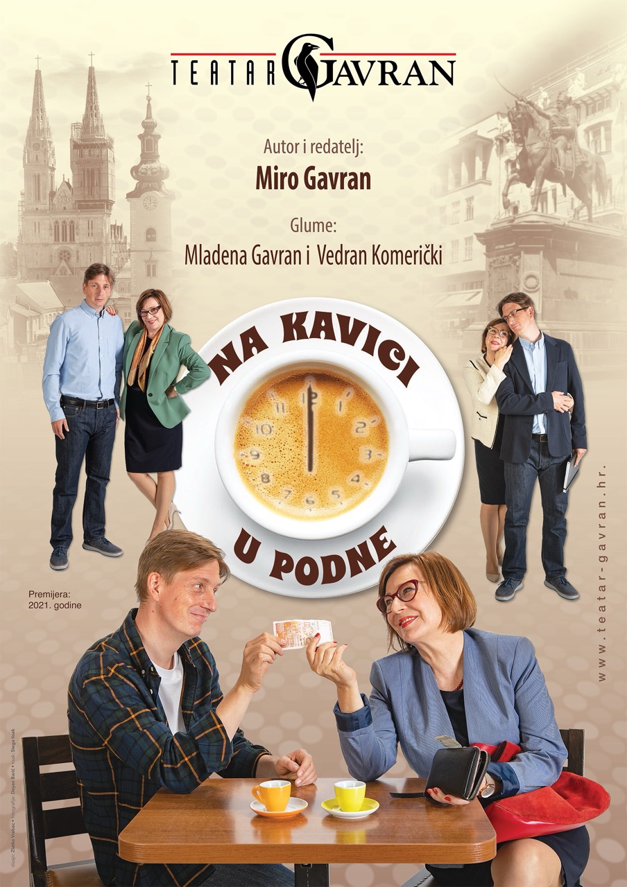 Plakat za predstavu 'Na kavići u podne' s glumcima za stolom držeći novac i šalicom kave te siluetama zagrebačkih znamenitosti u pozadini.