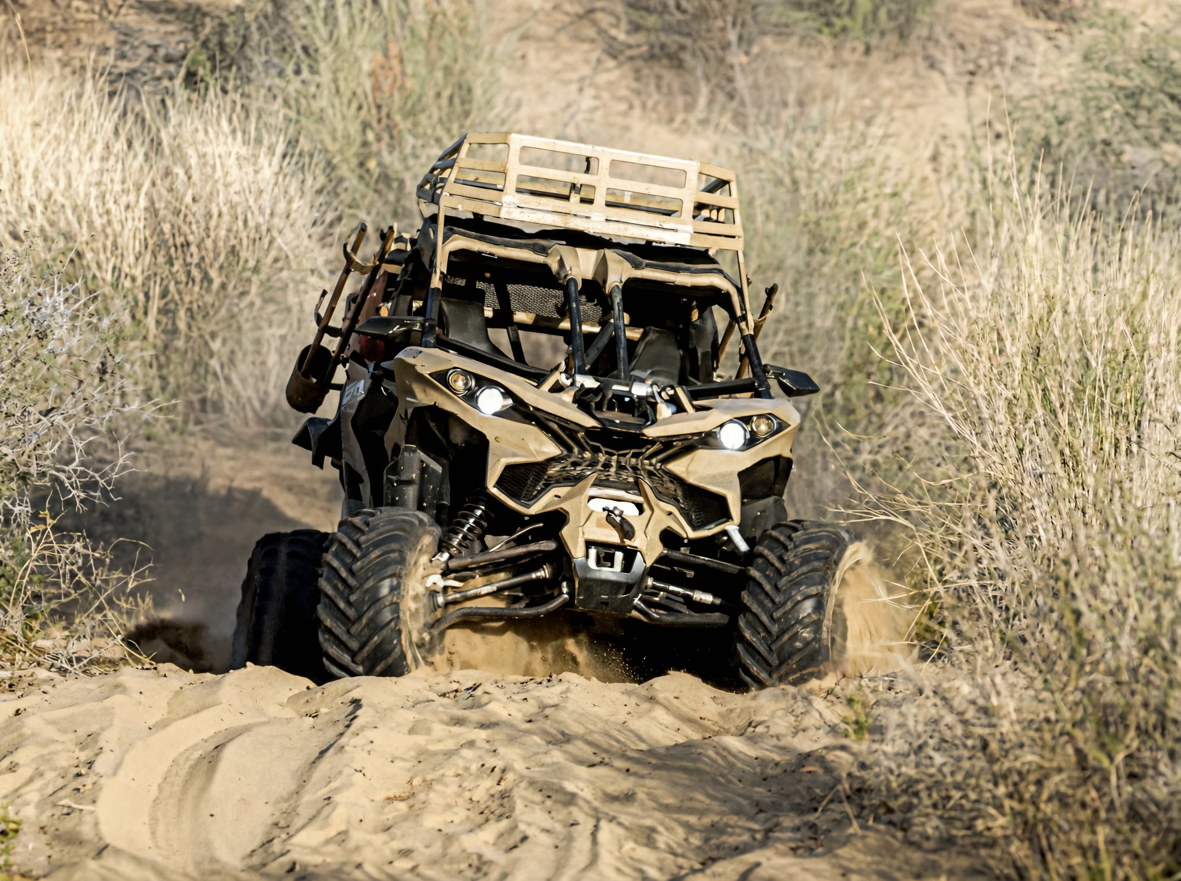 Off-road vehicle driving on a sandy dirt trail surrounded by dry bushes.