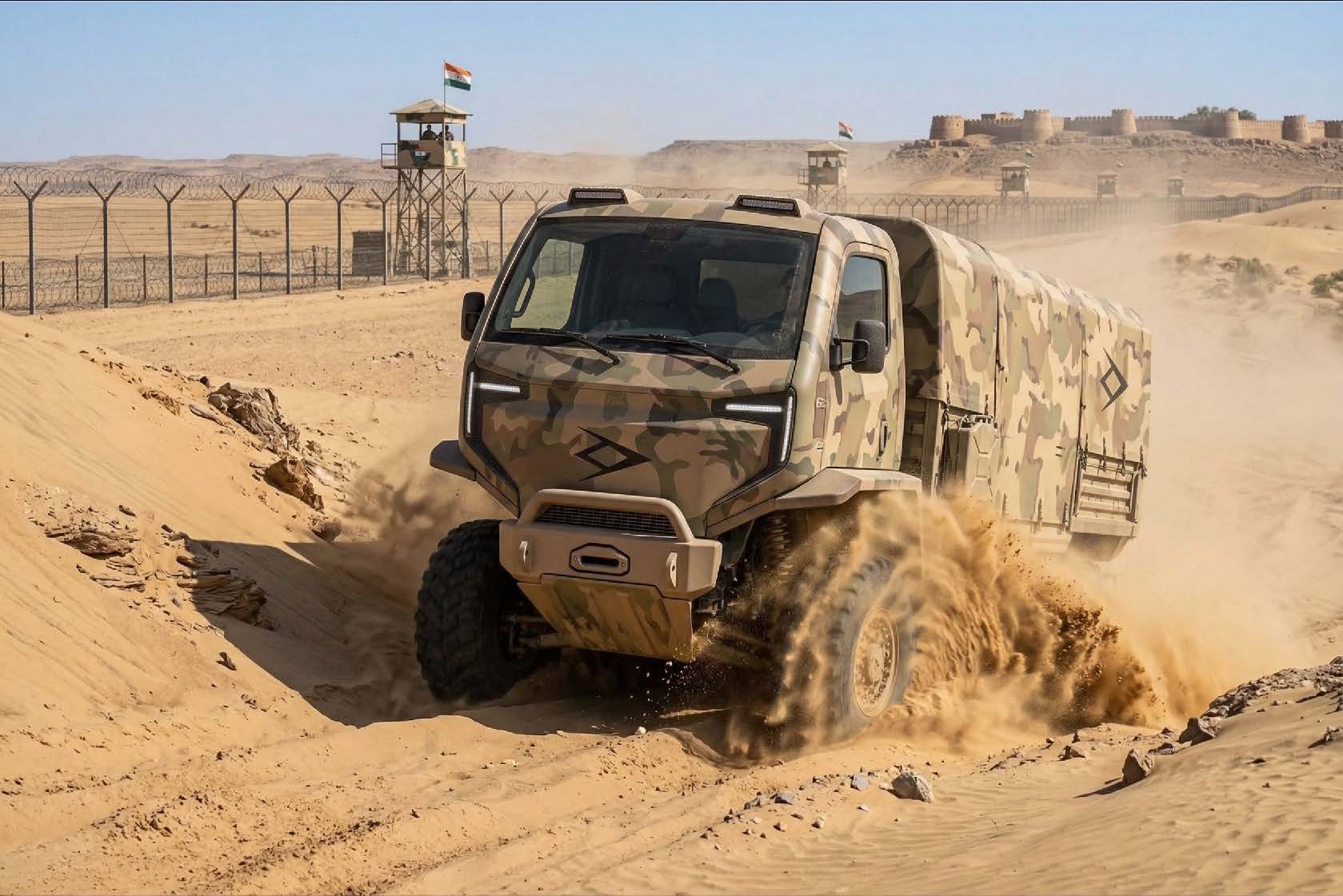 Camouflaged military truck kicking up sand off-road near watchtowers with Indian flags in desert.