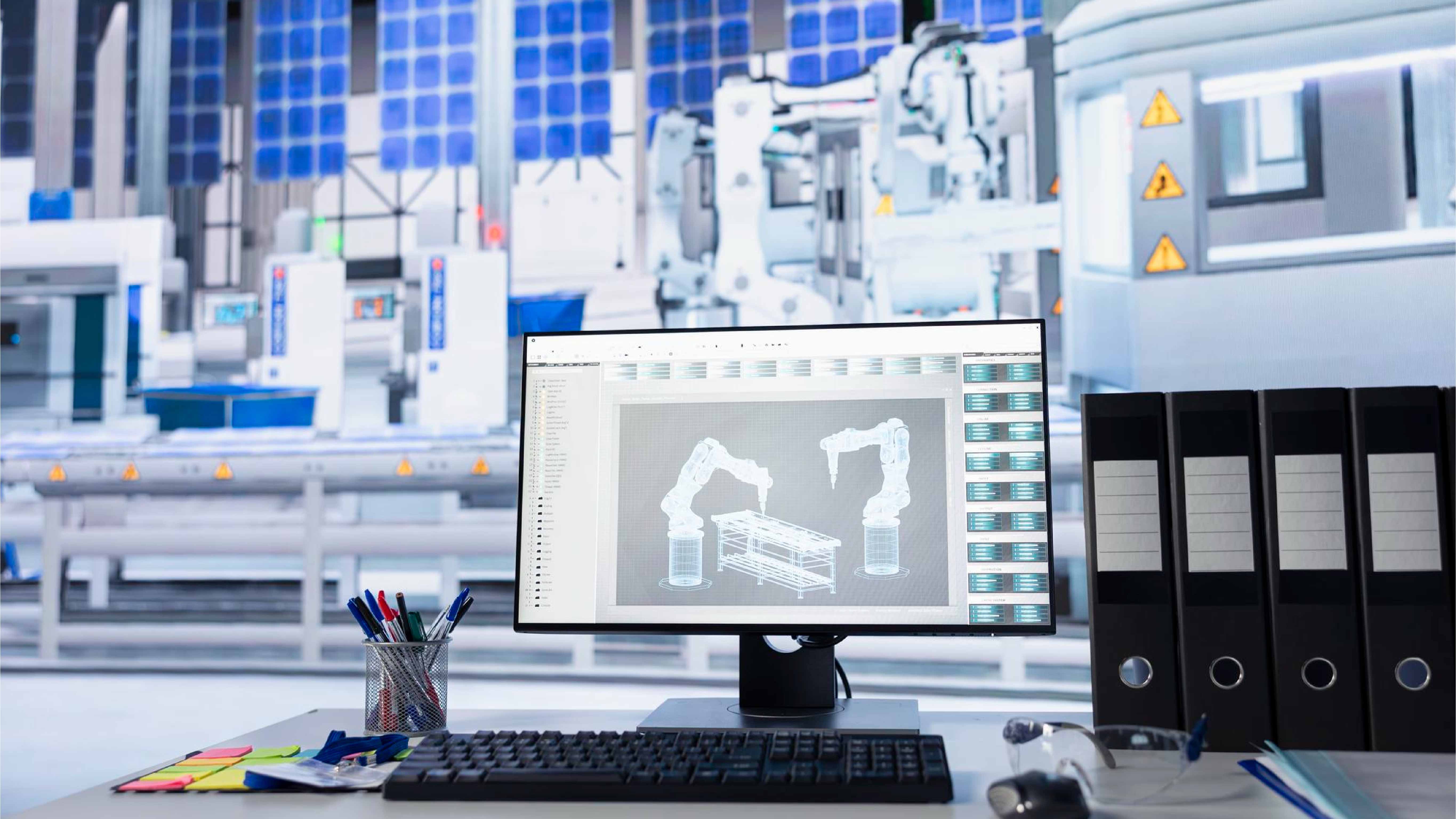Computer monitor shows digital model of robotic arms in an industrial setting with keyboard and files nearby.