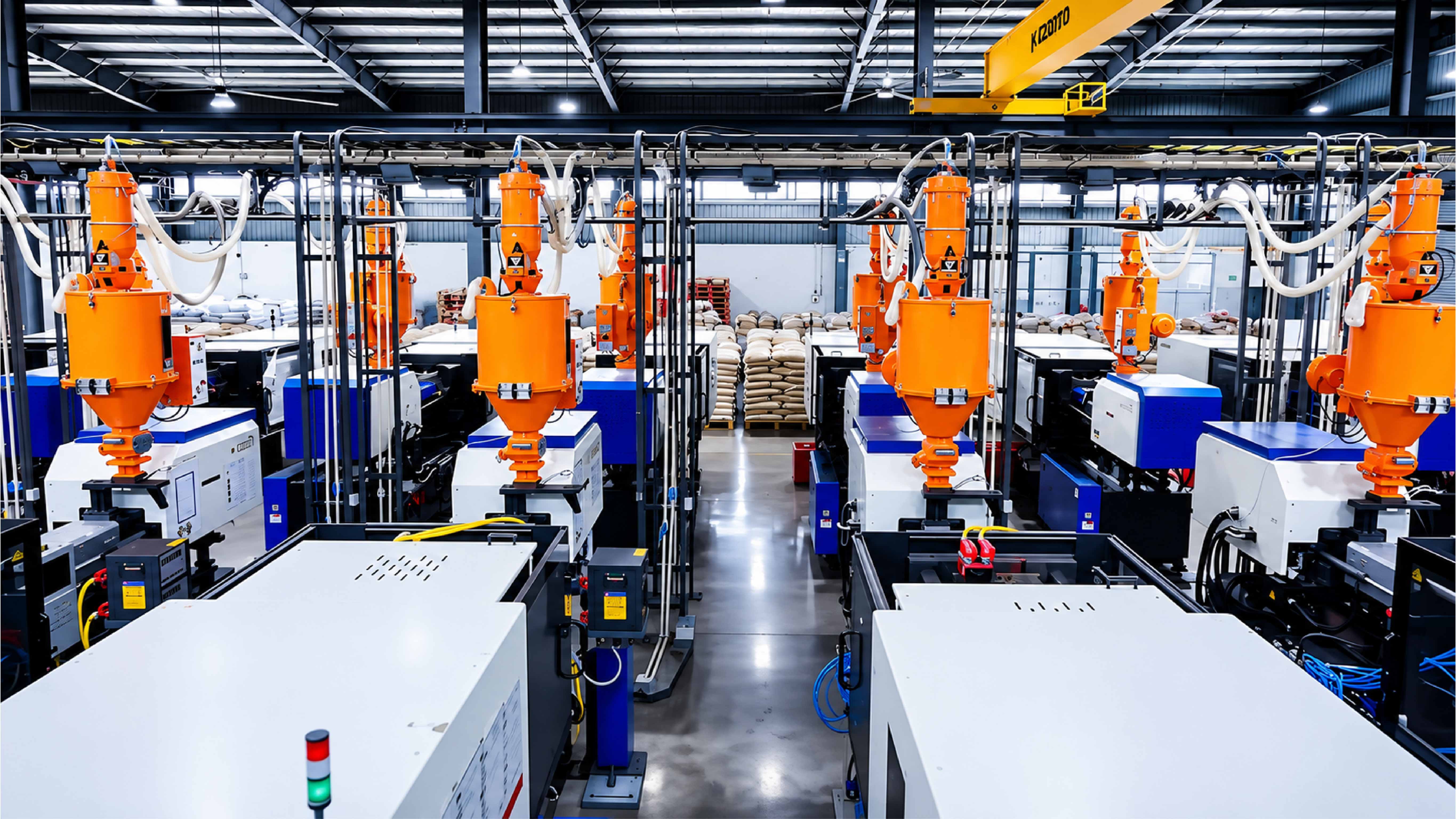 Row of industrial plastic injection molding machines with orange hoppers inside a factory.