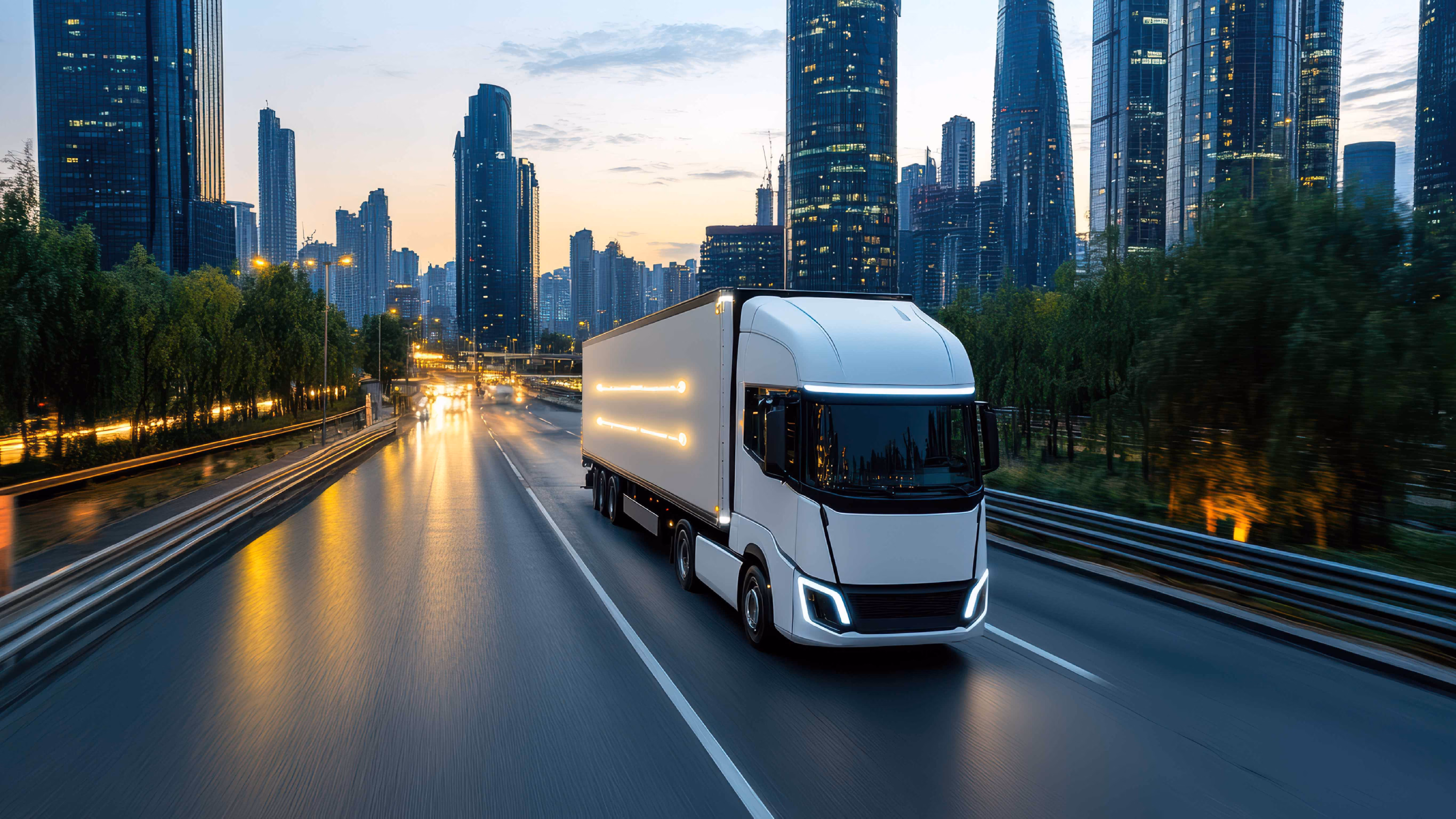 Modern white electric truck driving on city highway at dusk with skyscrapers and trees in background.