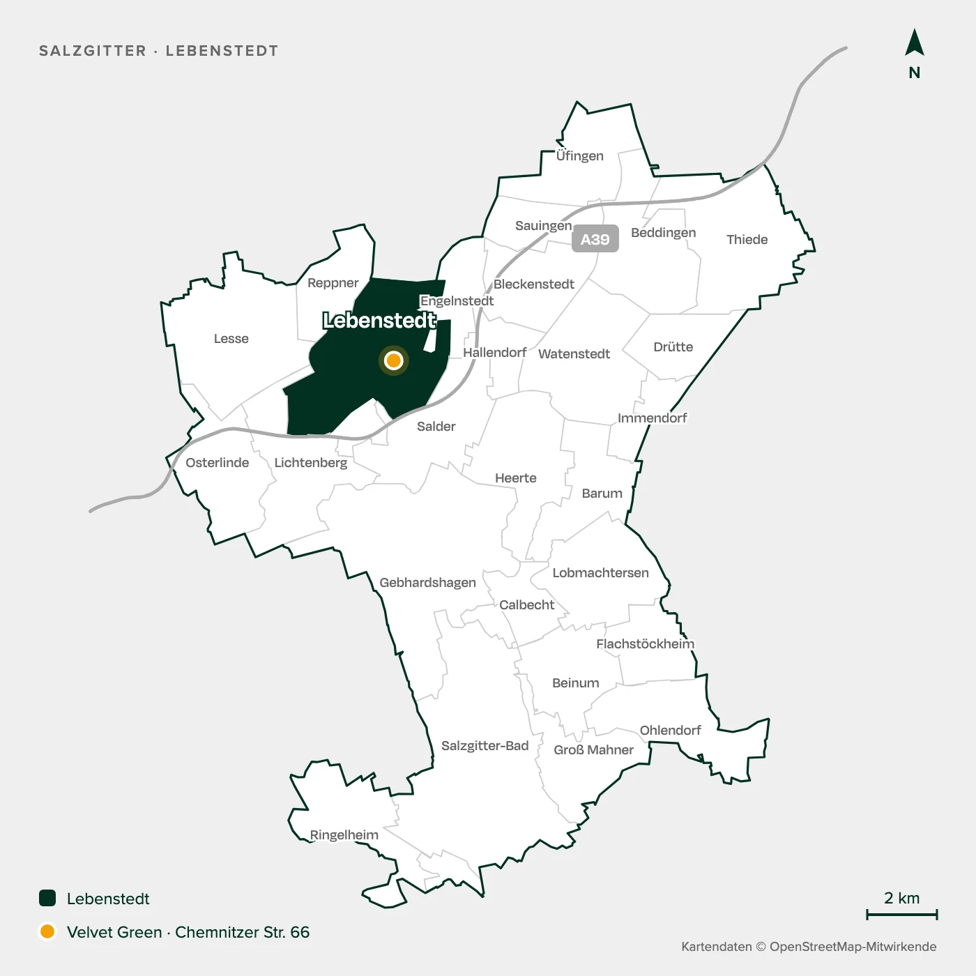 Karte von Salzgitter mit allen Stadtteilen, Lebenstedt hervorgehoben, dazu das Velvet-Green-Büro in der Chemnitzer Straße 66