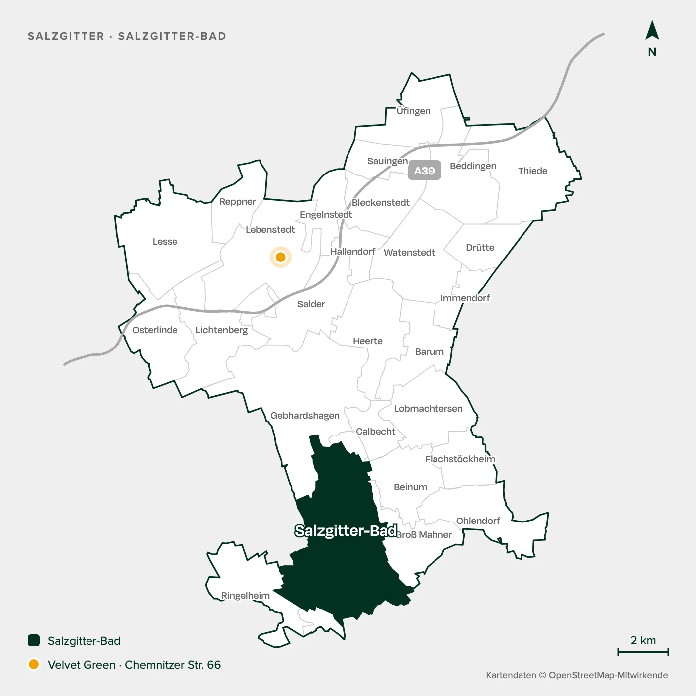 Karte von Salzgitter mit allen Stadtteilen, Salzgitter-Bad im Süden hervorgehoben