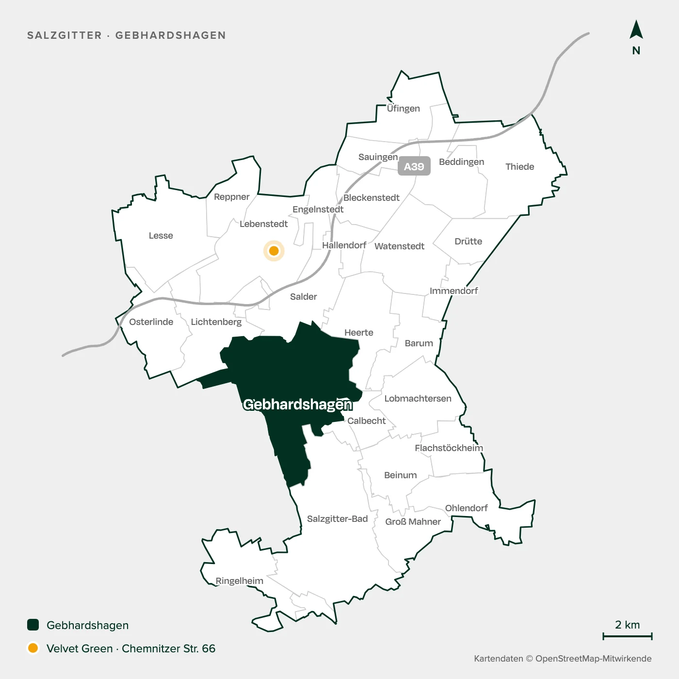 Karte von Salzgitter mit allen Stadtteilen, Gebhardshagen zwischen Lebenstedt und Salzgitter-Bad hervorgehoben