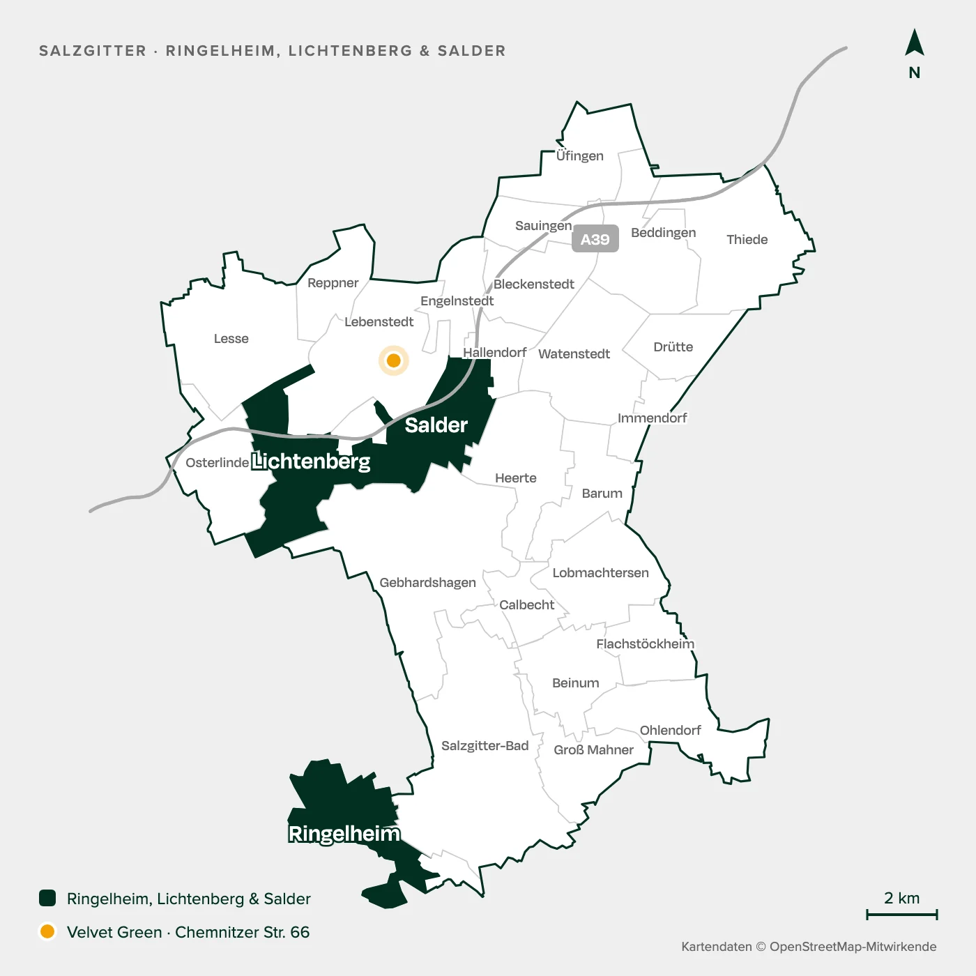 Karte von Salzgitter mit allen Stadtteilen, Ringelheim, Lichtenberg und Salder hervorgehoben