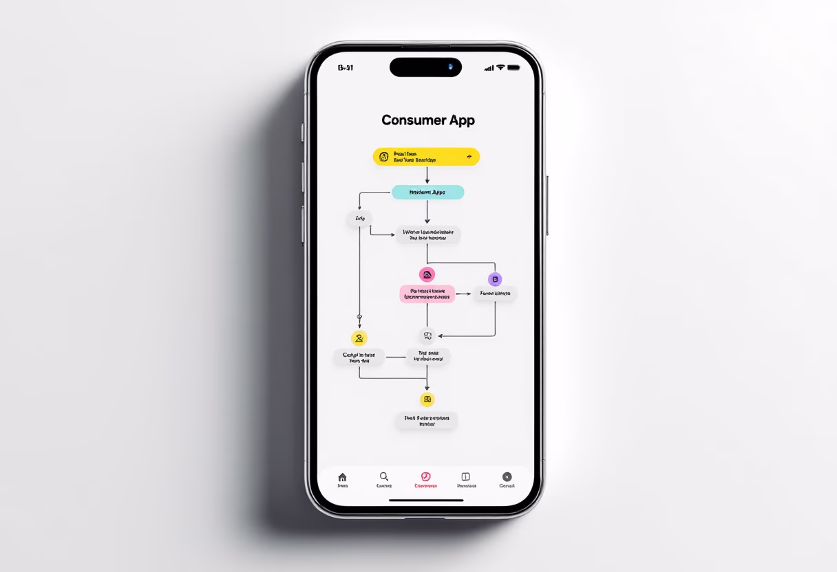 [interface] graphic design of app flow diagram for a consumer apps