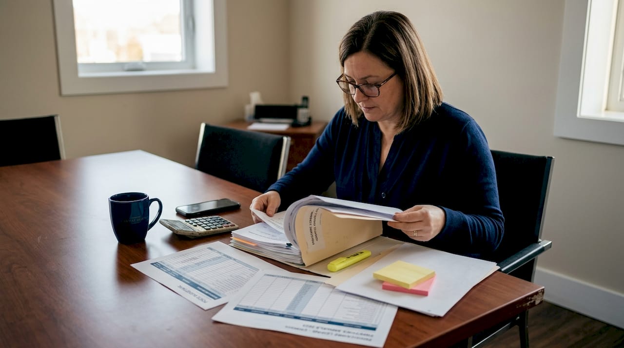 Un expert-comptable en pleine séance de classement des documents professionnels autour de la table de réunion.