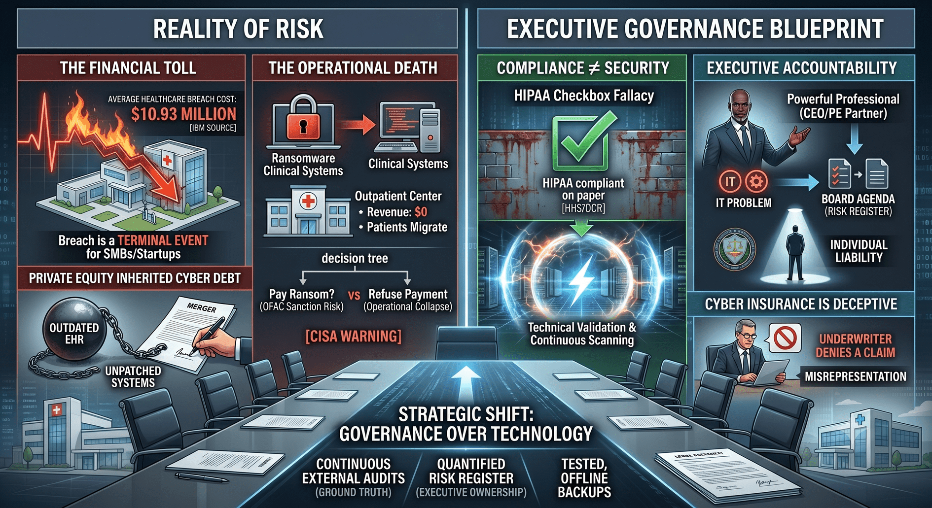 Reality of Risk and Executive Governance Blueprint — Healthcare Cybersecurity Infographic