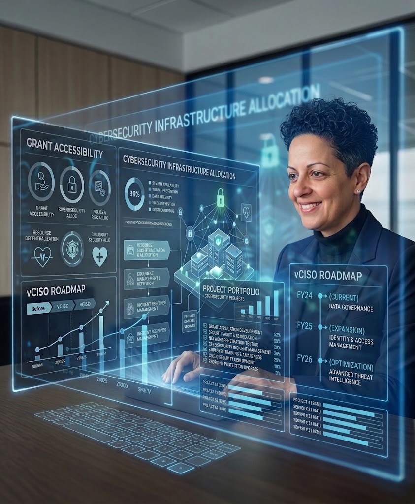 Healthcare executive reviewing a holographic dashboard showing cybersecurity infrastructure allocation, grant accessibility, and a multi-year vCISO roadmap