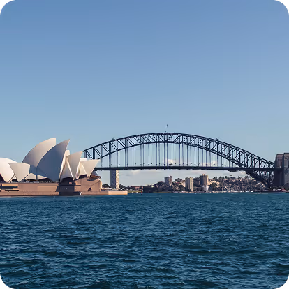 Sydney Opera House and Harbour Bridge over blue water under clear sky.