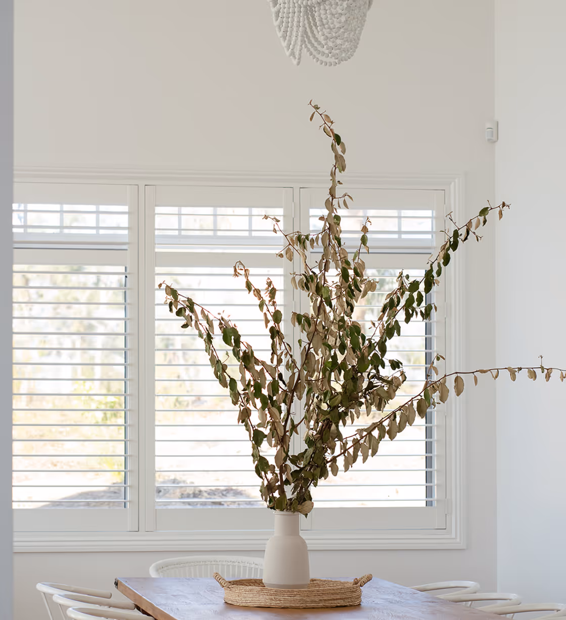Dried branches with green leaves in a white vase on a table near white window shutters.