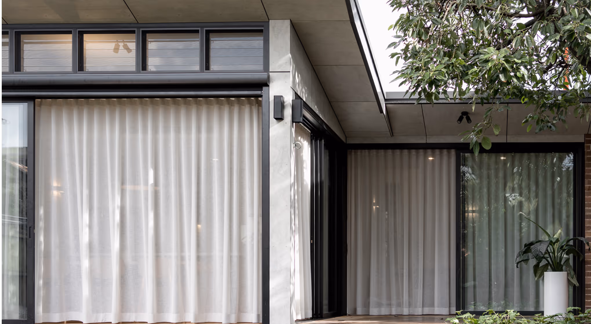 Modern house exterior with large glass windows covered by white sheer curtains and a potted plant outside.