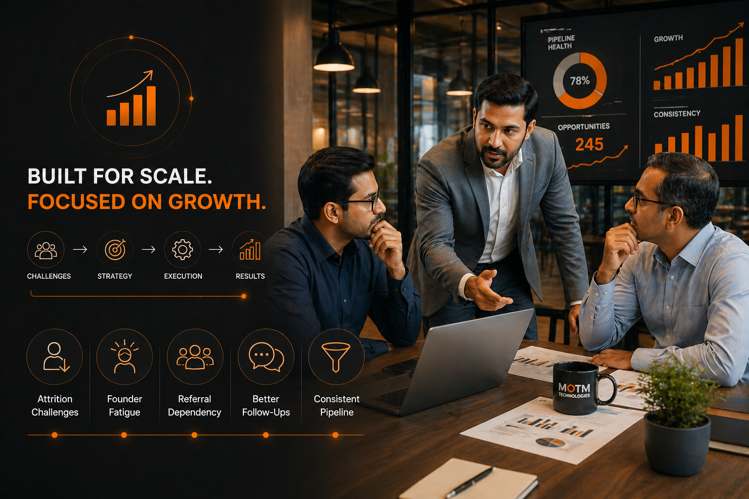 Three men in meeting room discuss growth strategy with charts, a laptop, and MOTM Technologies mug on the table.