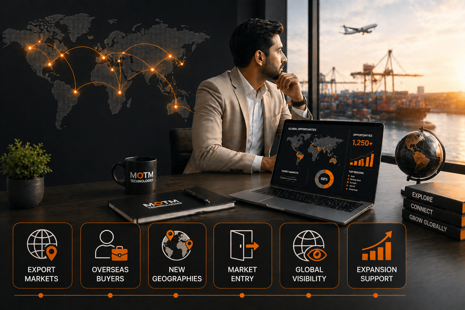 Businessman at desk with laptop showing global market data and icons for export, markets, and expansion support.