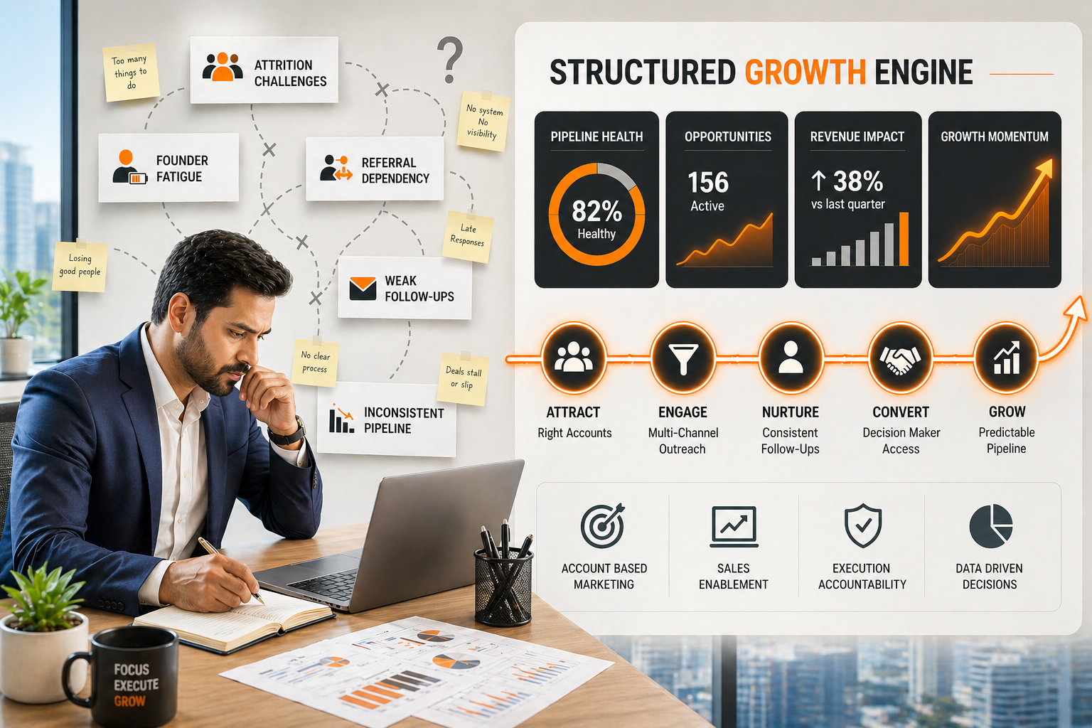 Man in suit working at desk with laptop and notes on sales challenges and structured growth engine concepts.