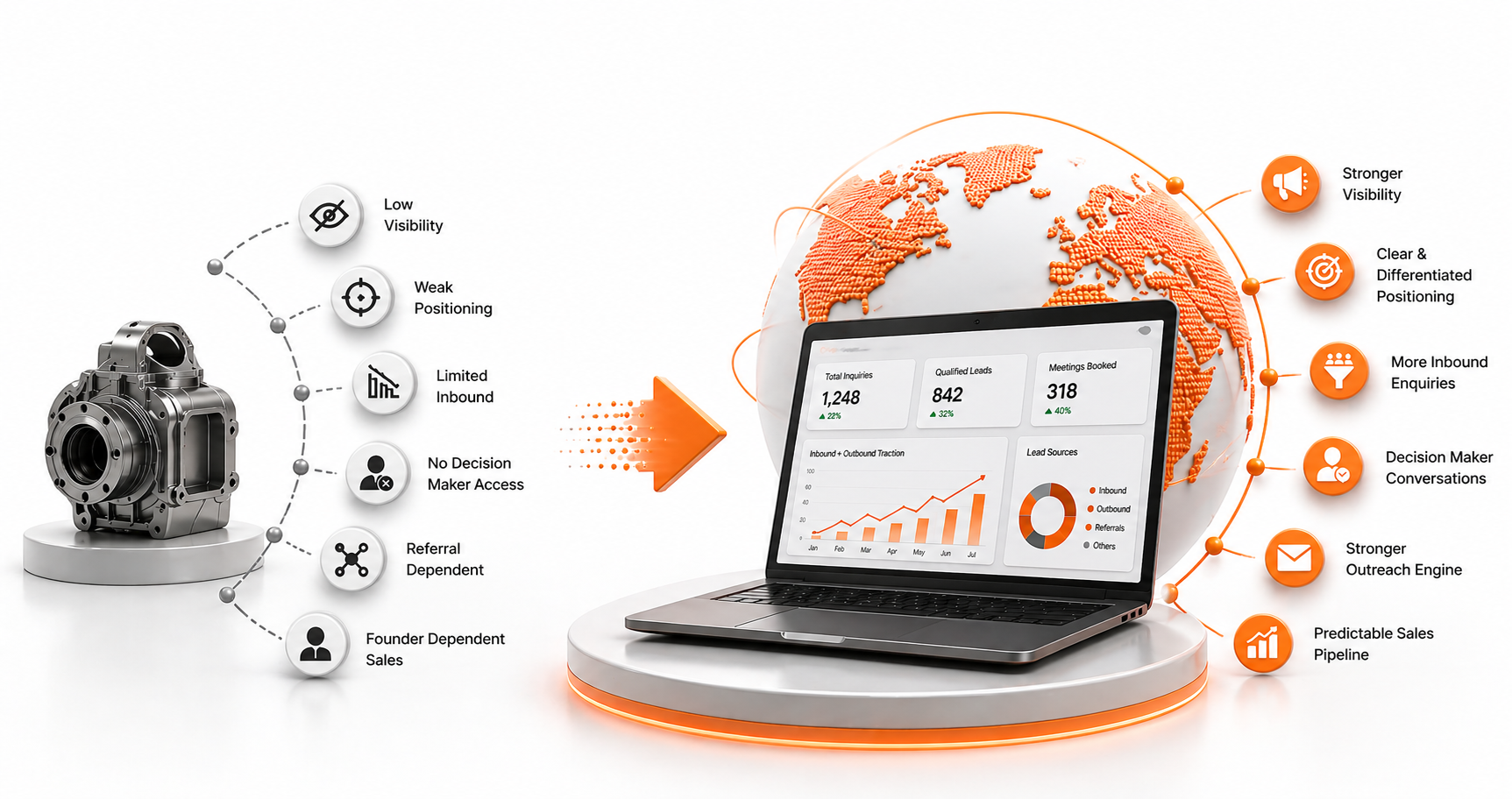 Metal part with sales challenges on left and laptop showing growth stats and benefits on right under orange globe.
