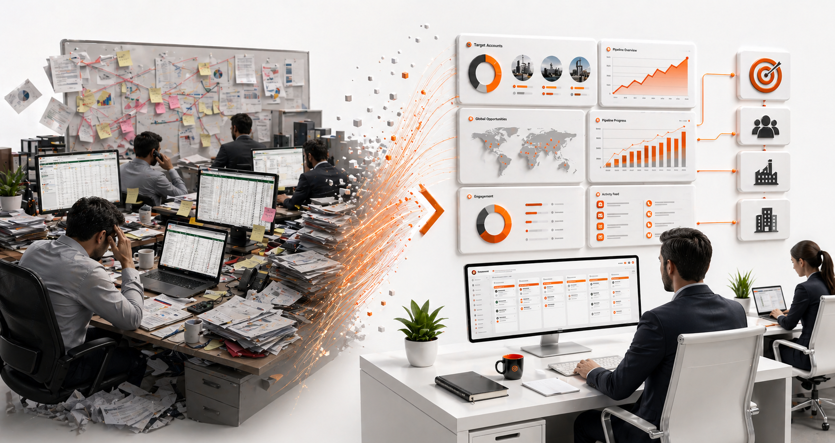 Left shows cluttered desks with paper chaos; right shows organized desks with digital charts and focused workers.