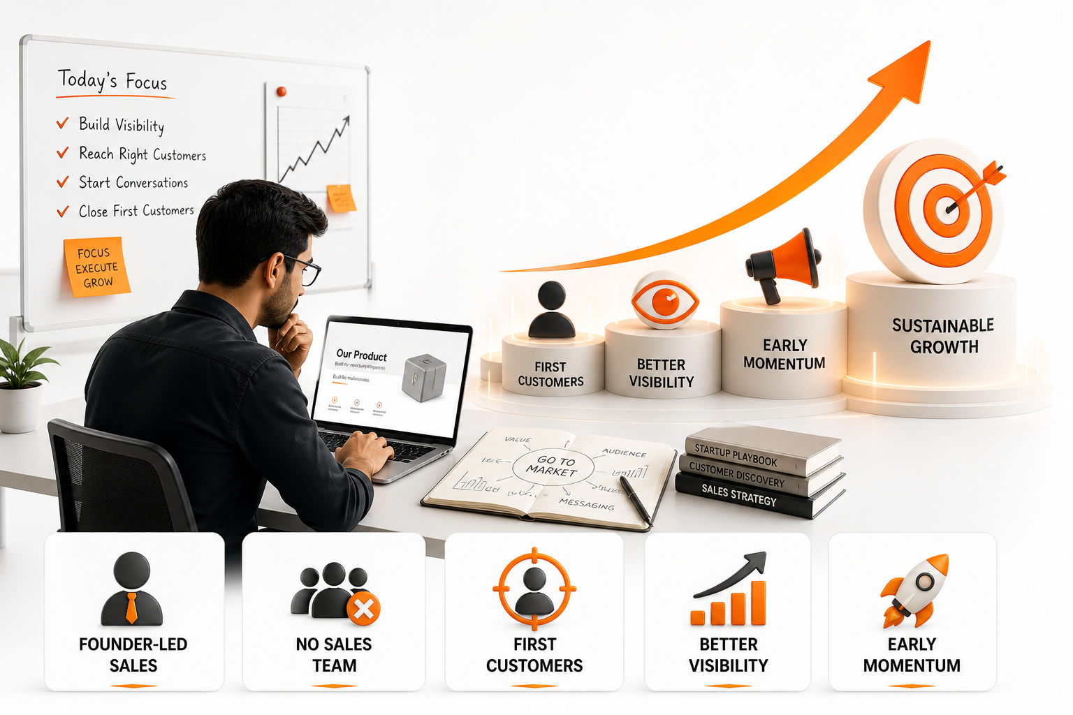 Businessman plans at desk with laptop, whiteboard focus list, and growth icons showing sales progress.