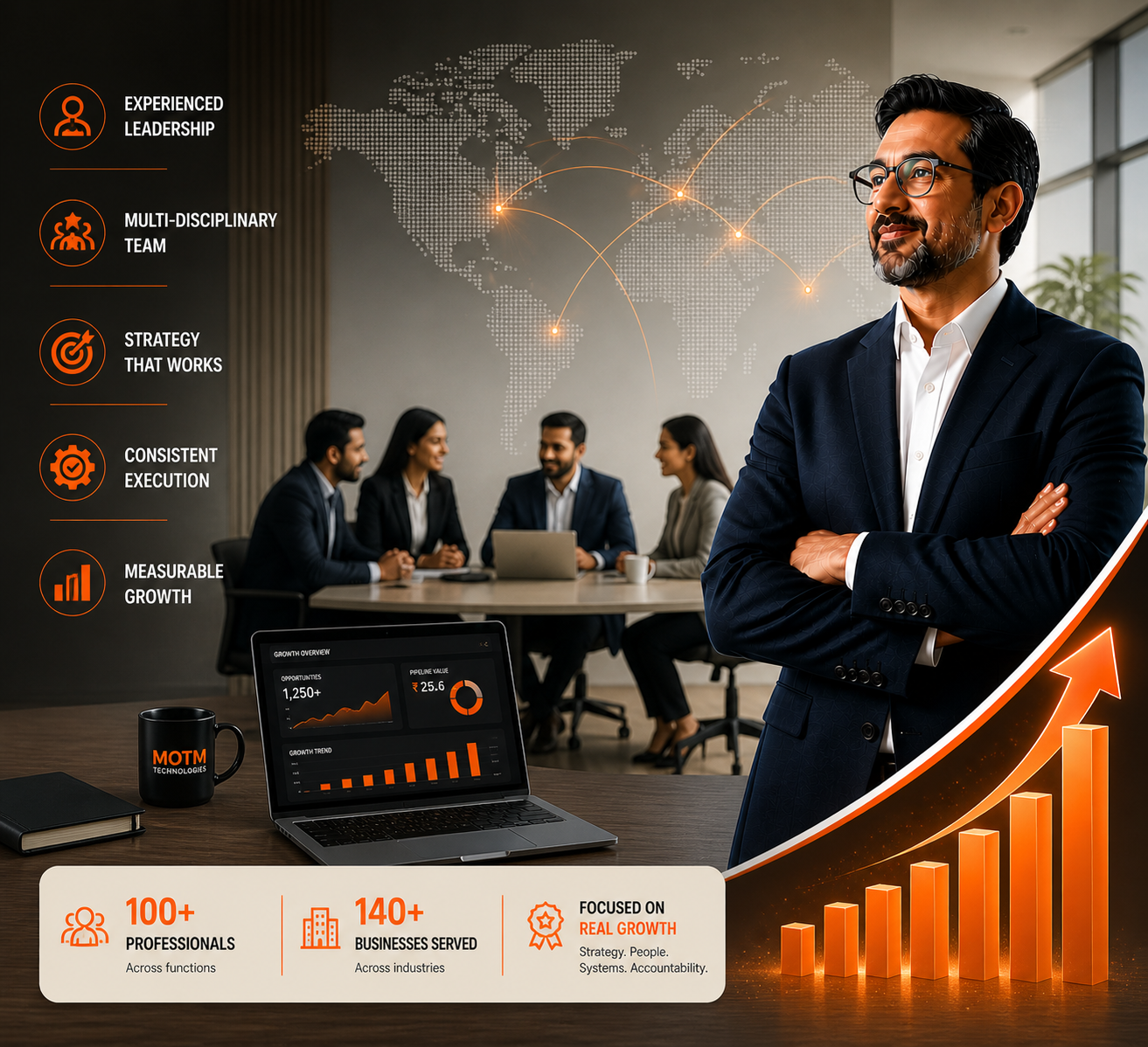 Confident businessman with crossed arms, team meeting, laptop with growth charts, and global connectivity map.