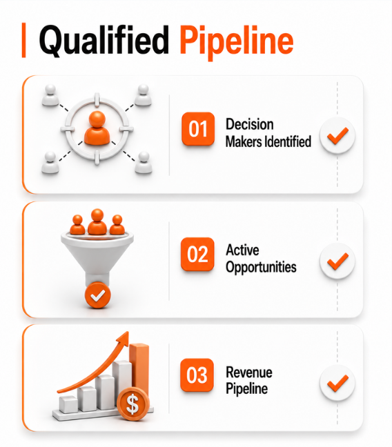 Infographic showing a qualified pipeline with decision makers, active opportunities, and revenue pipeline steps.