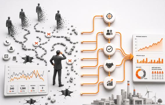 Businessman analyzing broken paths and charts leading to organized icons representing growth and success strategies.