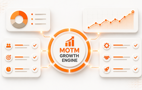 Diagram showing MOTM Growth Engine with charts and checklists connected to a central circle graphic.