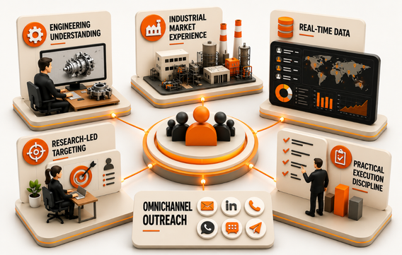 Diagram of six business growth elements with icons and people: engineering, market, data, targeting, outreach, execution.