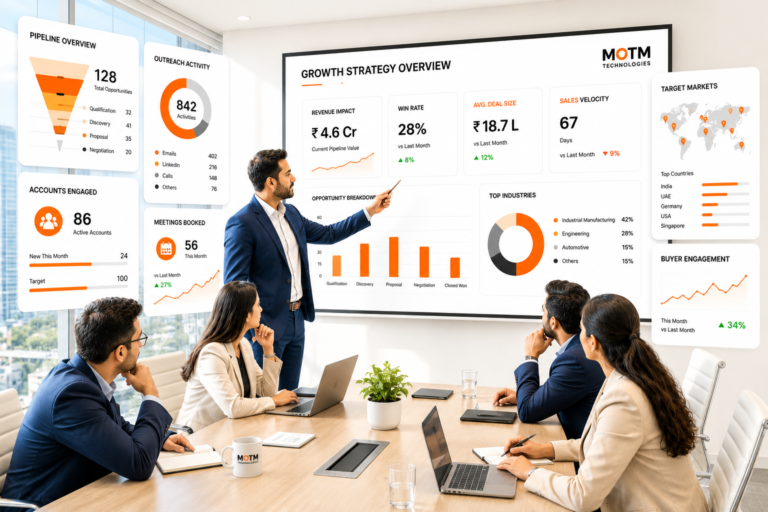 Business meeting with man in suit presenting growth strategy charts to four attentive colleagues.