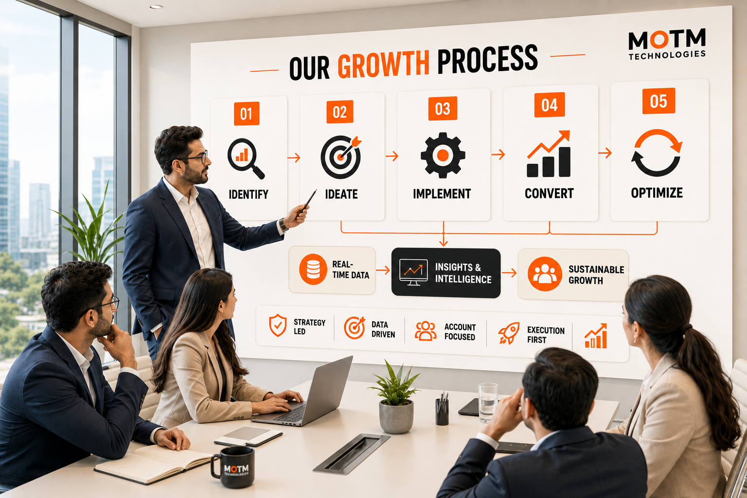 Business team in a meeting room discussing a large board showing their five-step growth process.