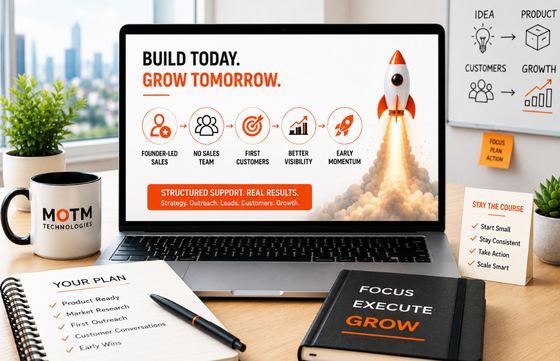 Laptop screen shows growth strategy with rocket icon and text Build Today. Grow Tomorrow on a desk with books and plants.