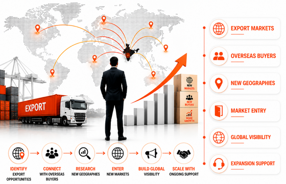 Businessman facing world map with export routes, growth chart, and export process icons and labels.