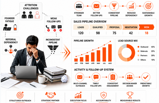 Sales pipeline overview with stages, growth chart, lead sources, challenges, and activity follow-up system.