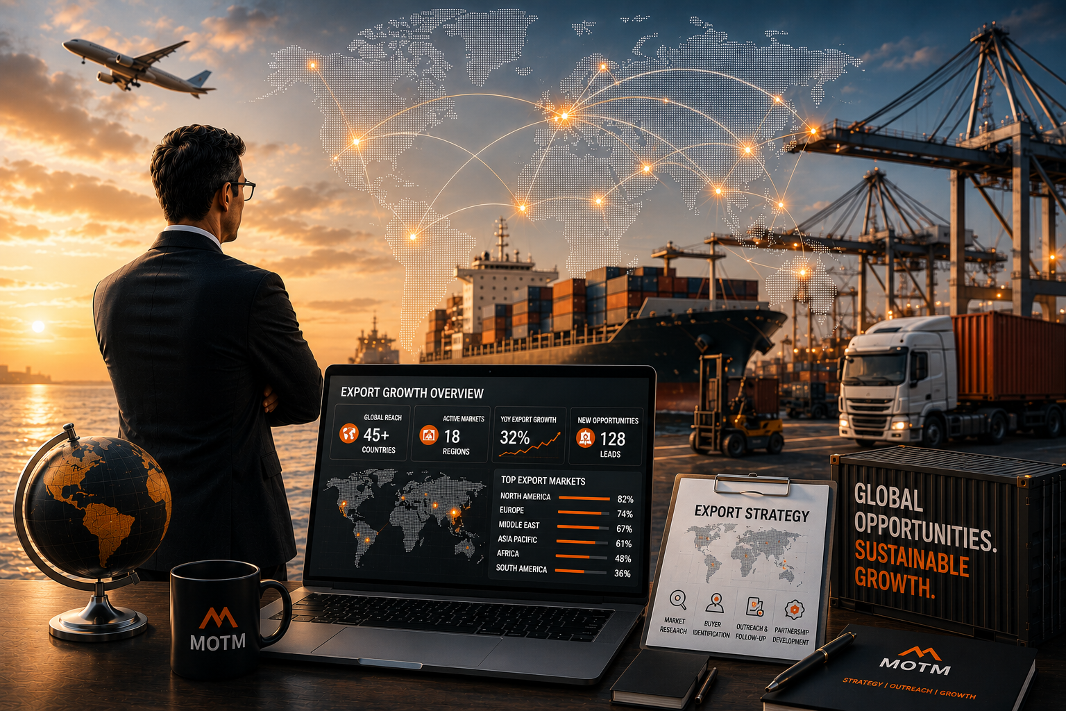 Businessman watches global export growth on laptop at port with cargo ship, truck, and export strategy notes.