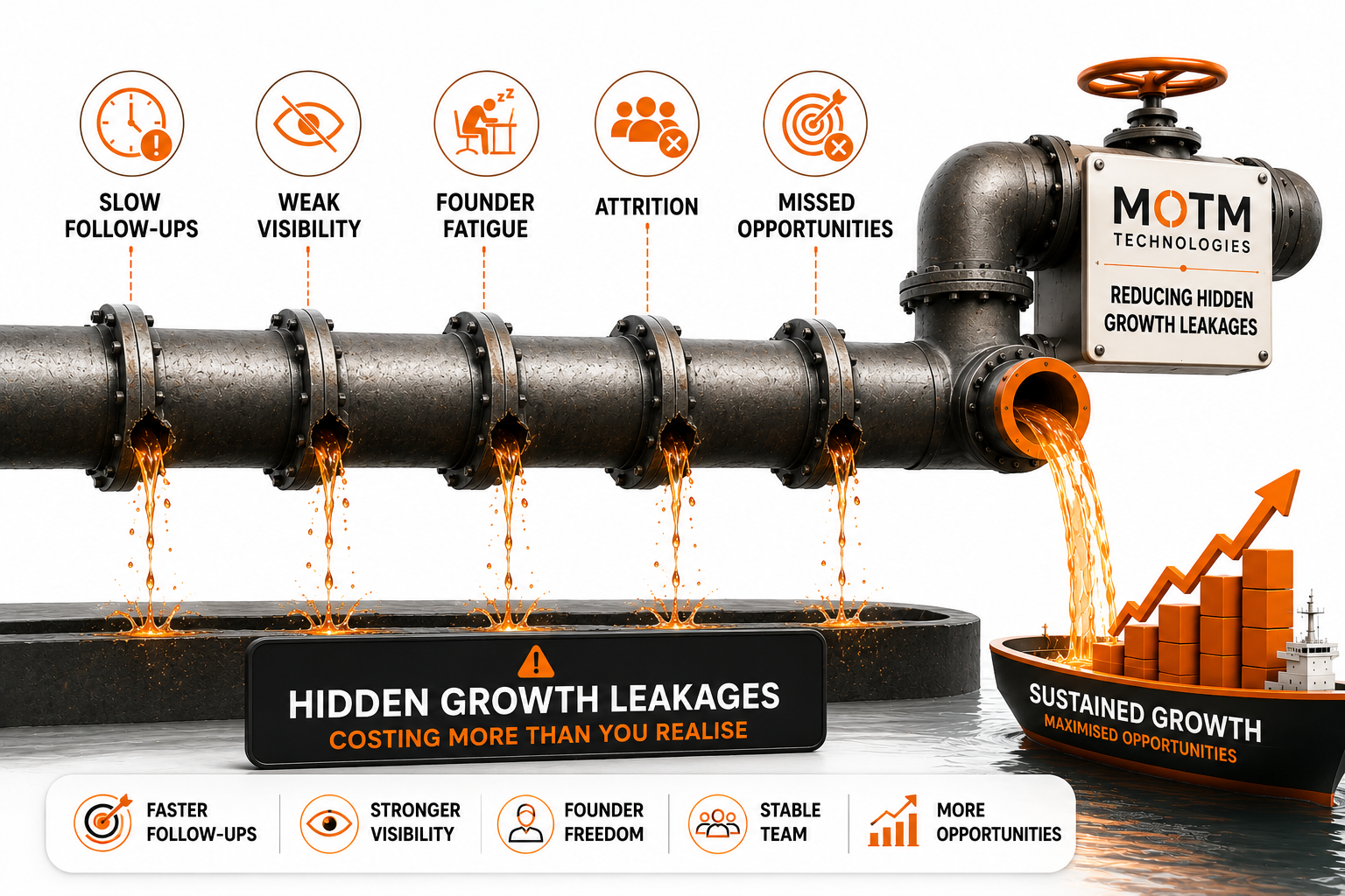 Pipeline leaking orange liquid labeled hidden growth leakages leading to reduced growth in a boat chart.