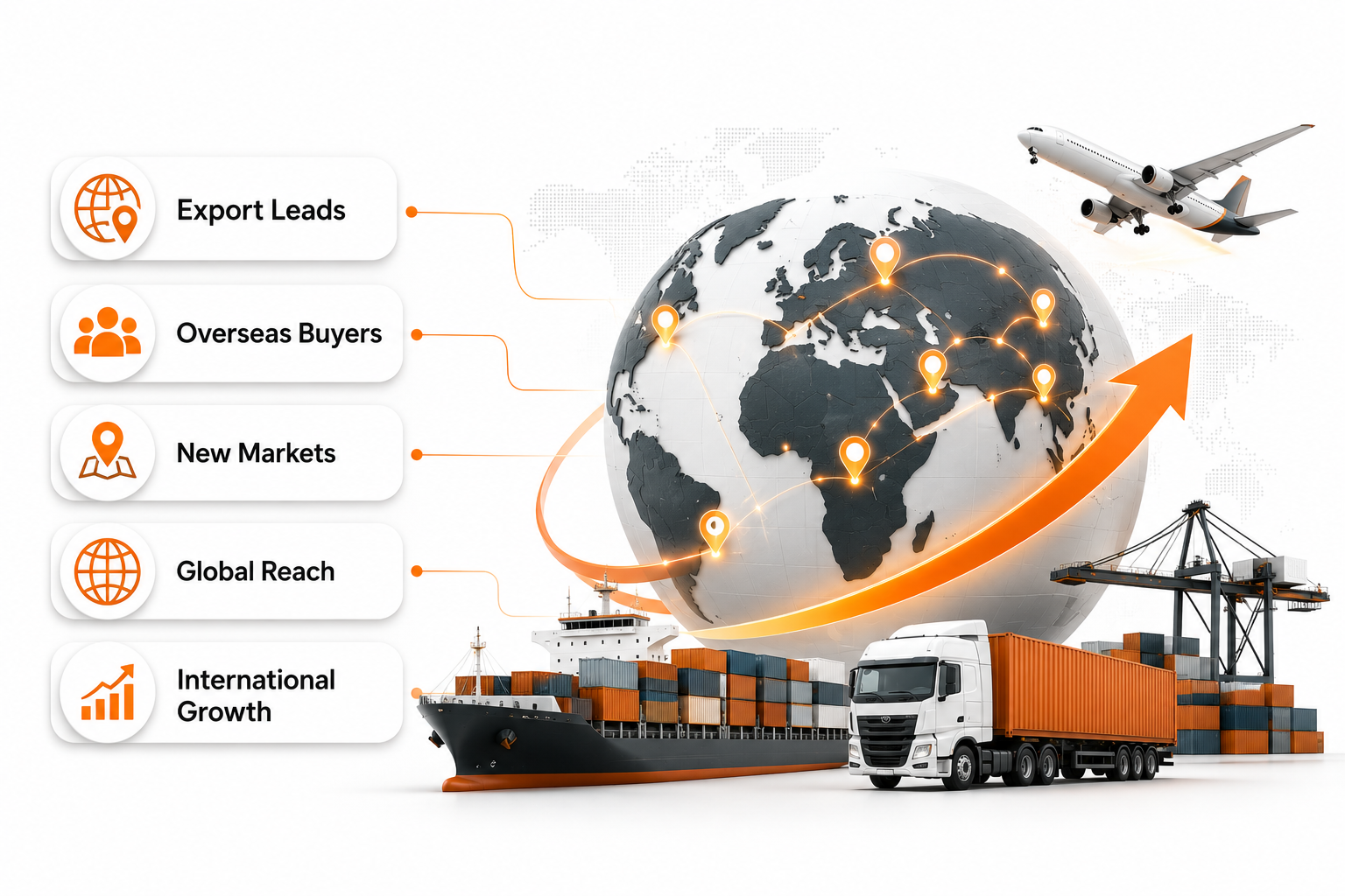 Globe with global shipping routes, airplane, cargo ship, and truck illustrating export leads and international growth.